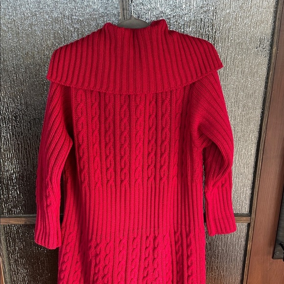 Aran Crafts Ireland 100% Merino Wool Long Sweater Cardigan Coatigan XL Red - Picture 7 of 9